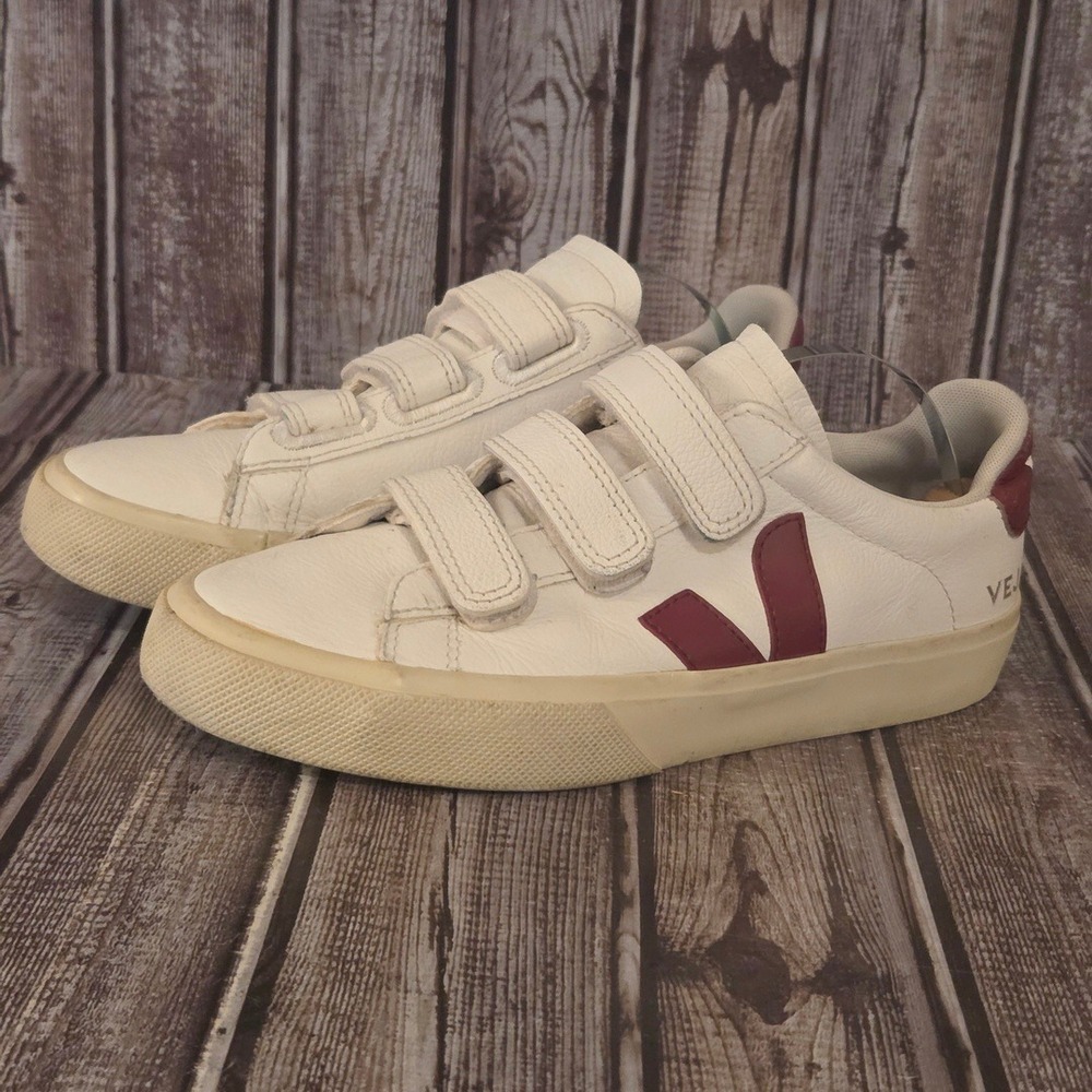Sz 37 / 6 Womens Veja 3-Lock White Burgundy Leather Triple Strap Sneakers VGUC